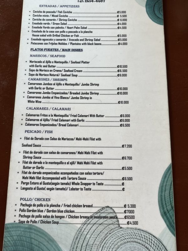 Estero Azul Menu