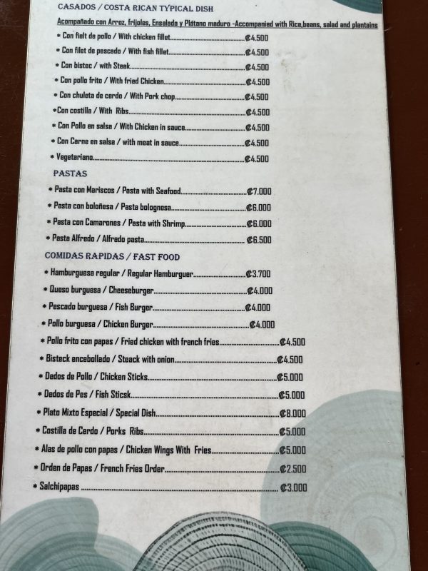 Estero Azul Menu
